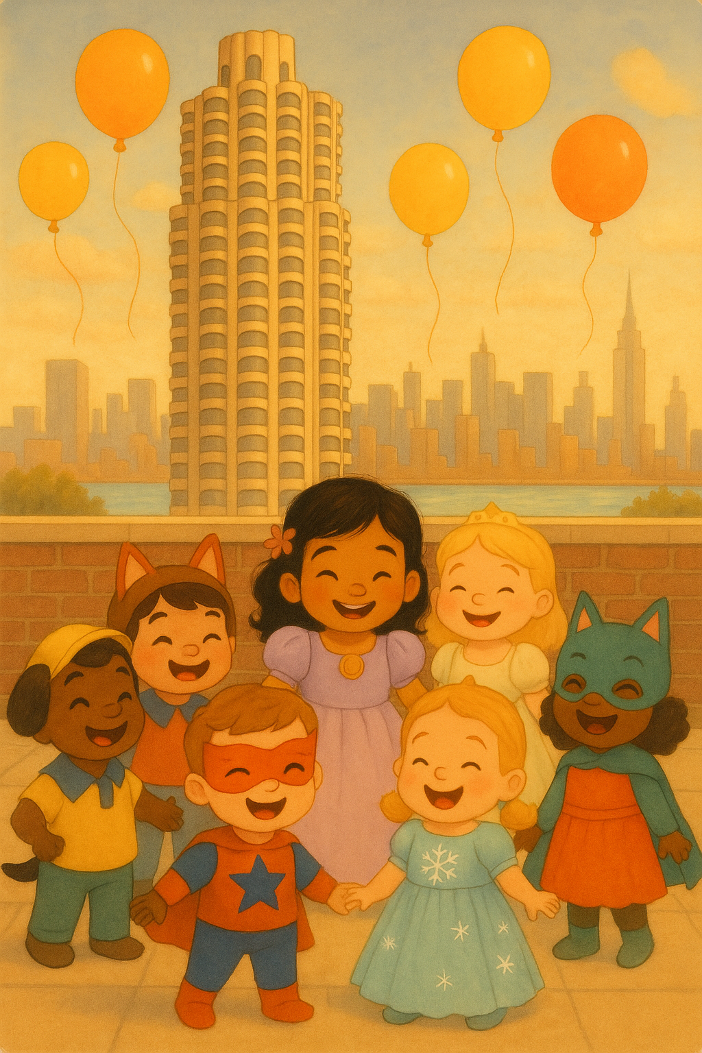 Storybook party on a terrace in front of The Corinthian and the Midtown skyline